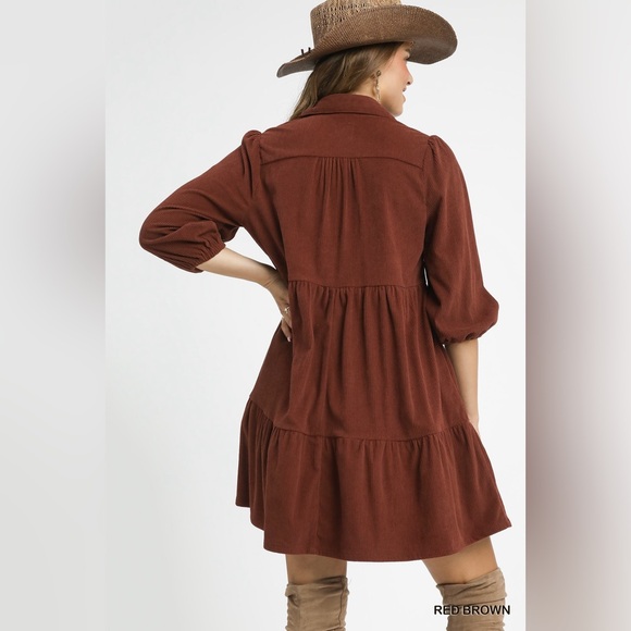 Umgee Tiered Corduroy Mini Dress with Balloon Sleeves - Picture 4 of 6